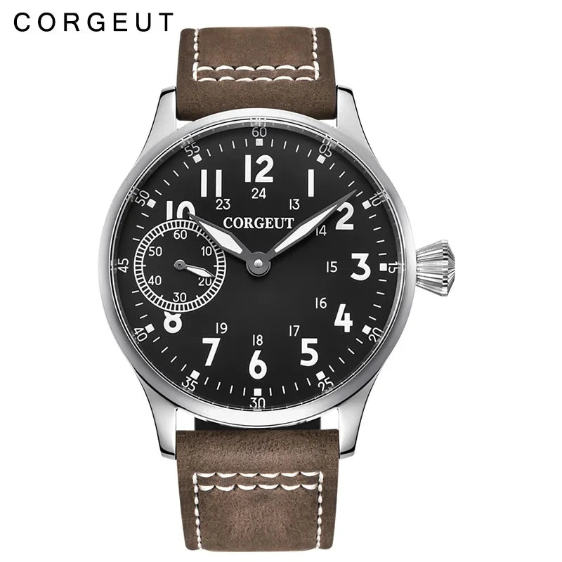 Corgeut 44mm Leather Luminous Mechanical Hand Winding Watch For Men 17 Jewels ST3600 Seagull 6497 Movement Sport Wristwatches