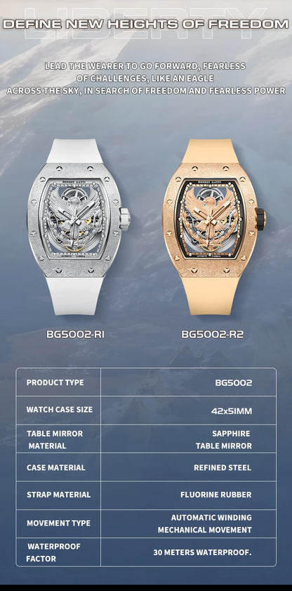 BONEST GATTI Luxury Men Hollow Automatic Mechanical Watches Tonneau Sapphire Crystal Luminous Hollow Eagle Dial Rubber Strapes
