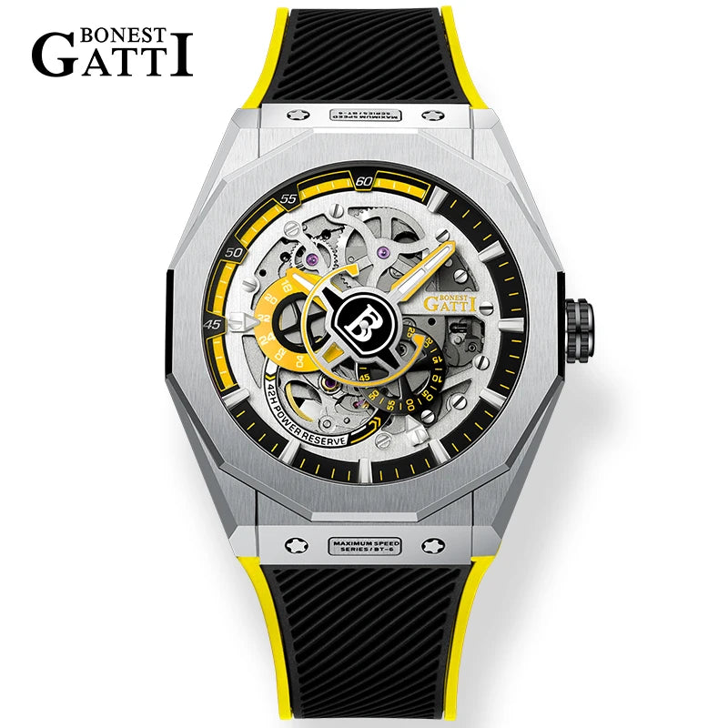 BONEST GATTI BG7601 Men Automatic Mechanical Watch Sapphire Crystal Waterproof Luminous Rubber Strap Wristwatch