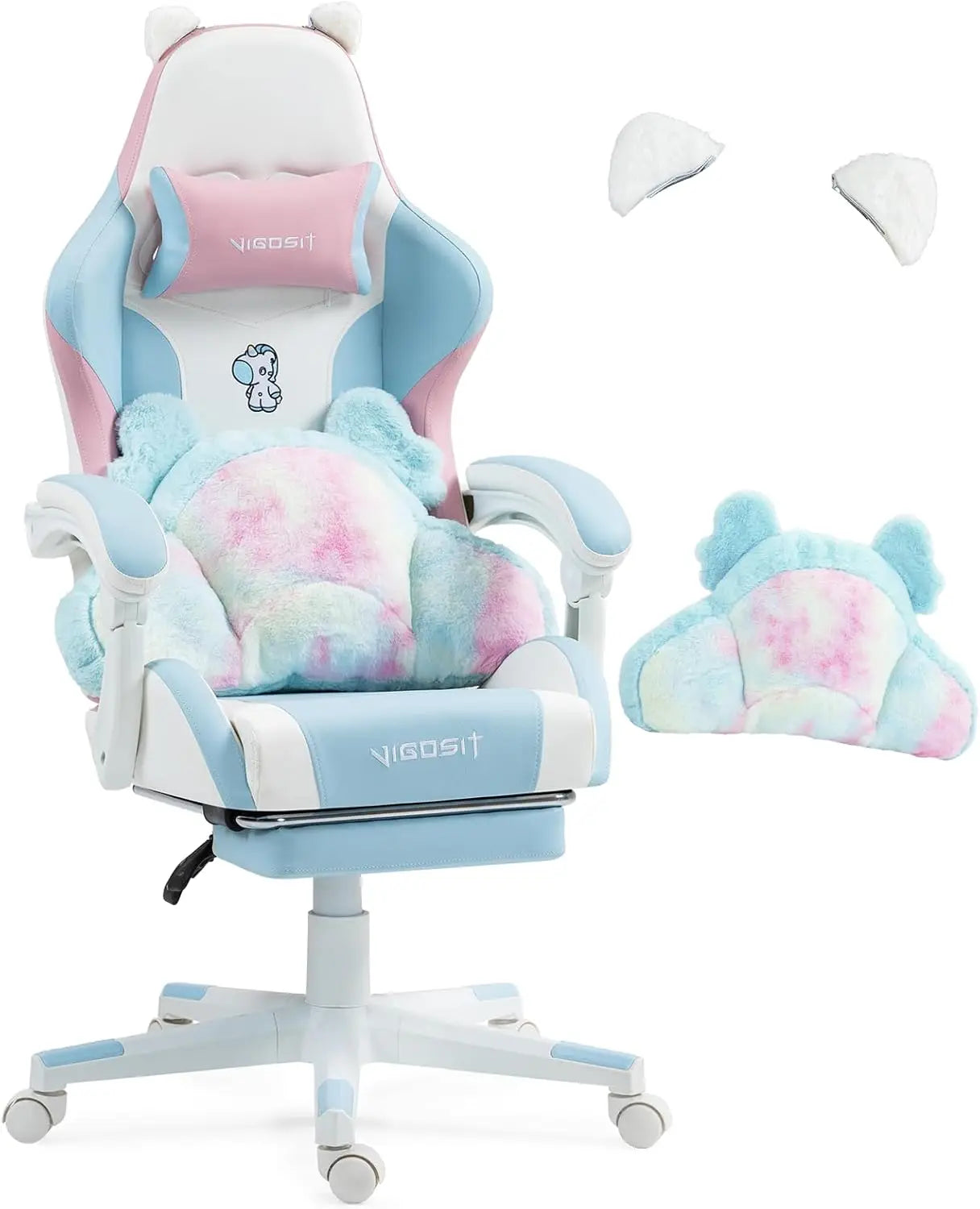 Vigosit Gaming chair Cute Ears and Kawaii Pillow Ergonomic Computer Game chair for girls with Lumbar Support