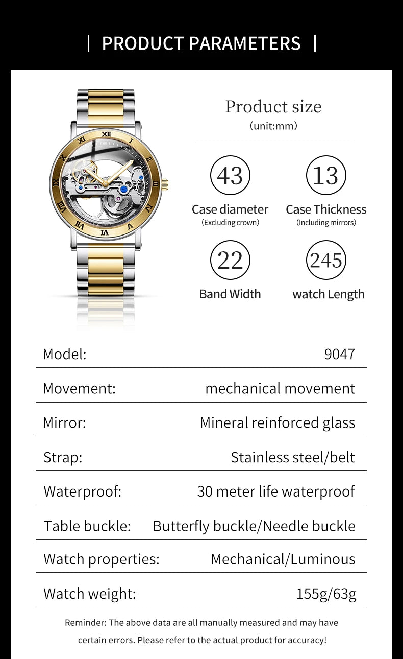 AKDPN Men's Watches Automatic Mechanical Stainless Steel Men's Wrist Watch Skeleton Automatic Watches for Man Watch Montre Homme