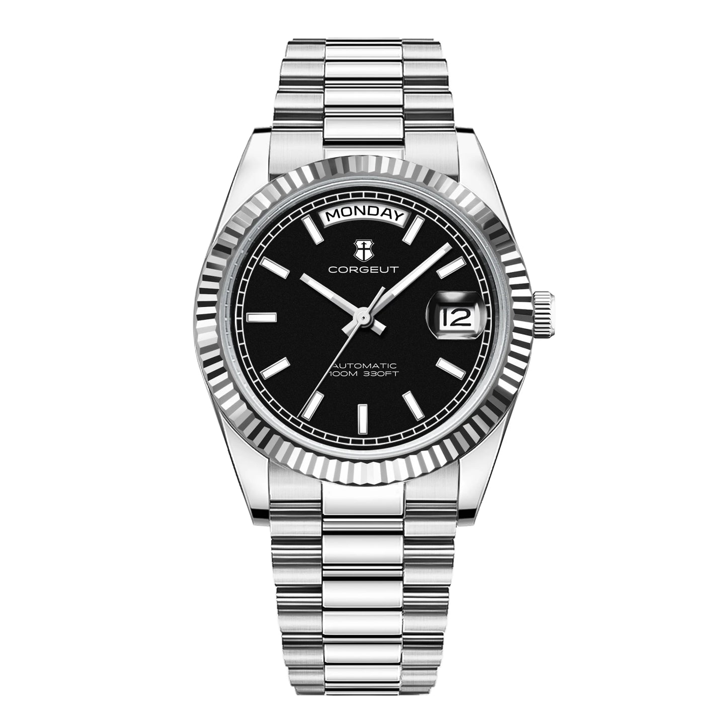 Orologio meccanico da uomo CORGEUT NH36 con indicazione di giorno e data, bracciale President, cassa in acciaio, lunetta arcuata filettata, impermeabile