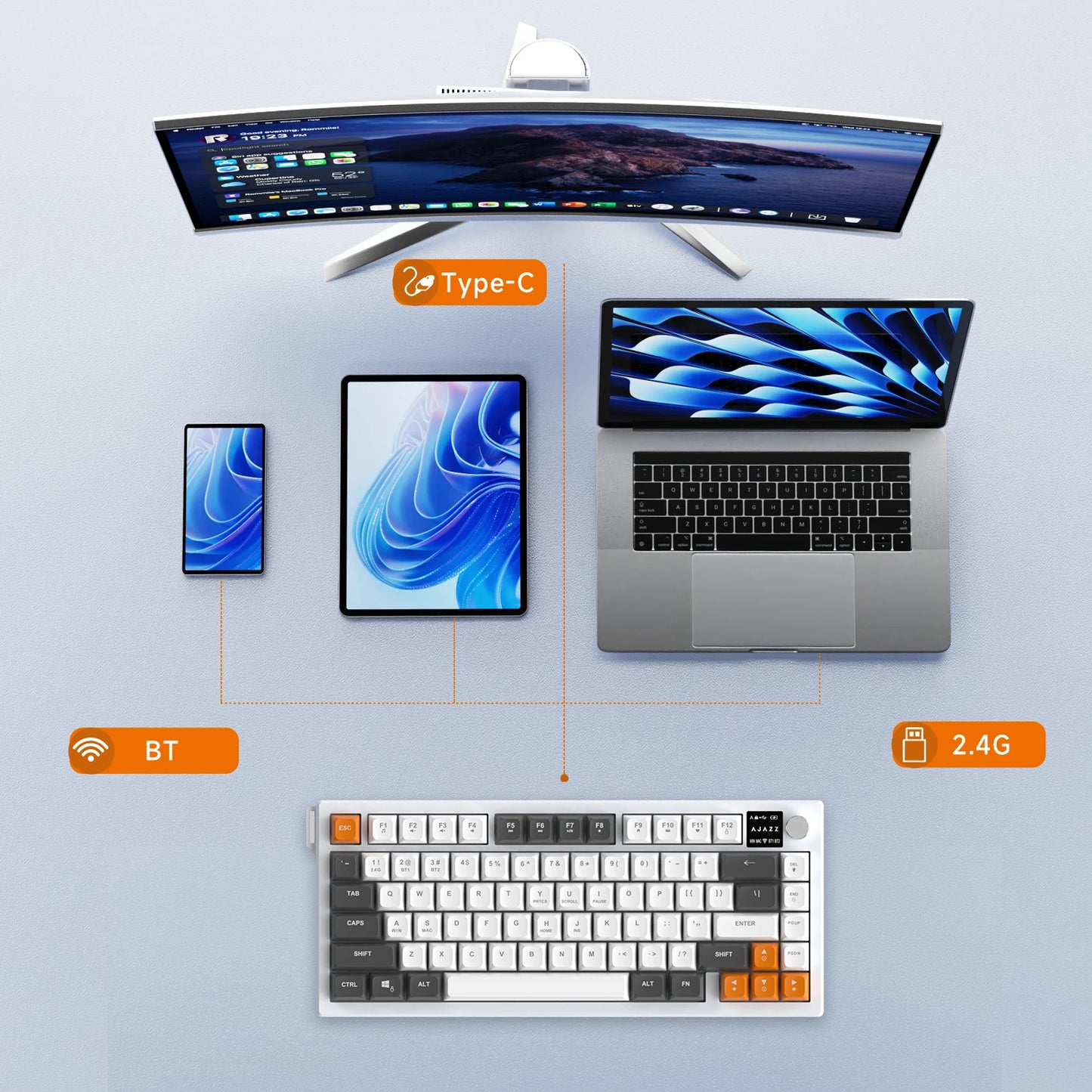 AJAZZ AF82 Low-Profile Electrostatic Keyboard Tri-Mode Wireless 75% Mechanical Gaming Keyboard with Display Screen, Hot-Swappable, 4000mAh Battery