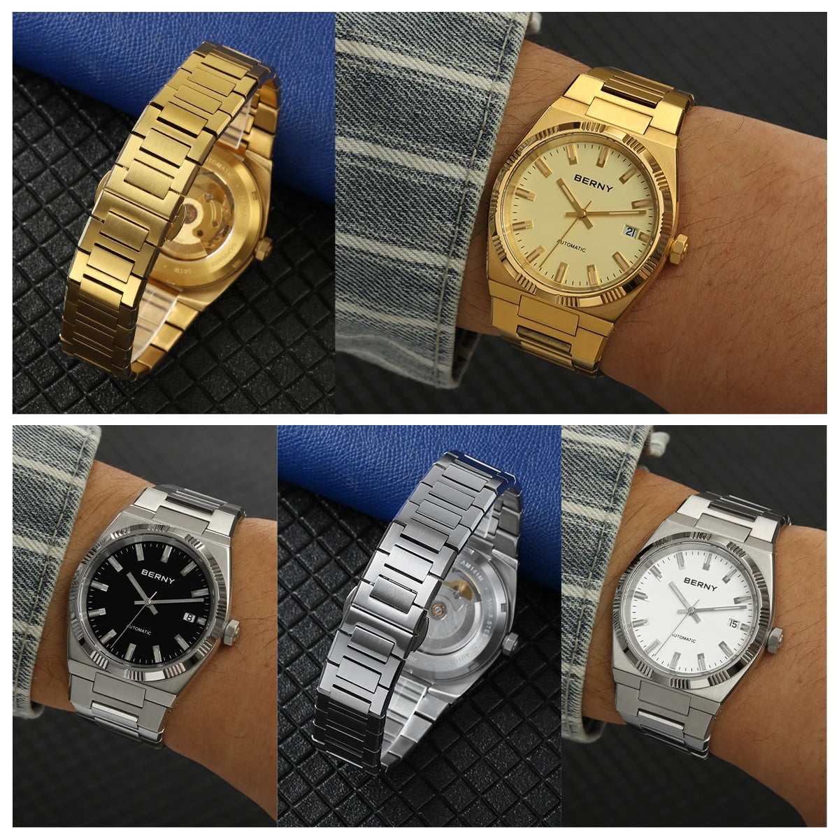 BERNY muški automatski sat, zlatne boje, safirno staklo, luminescentne kazaljke, 100 % originalan, opremljen mehanizmom PT5000, antirefleksivnim premazom, luksuzni model s izmjenjivim okvirom, vodootporan do 5 ATM.