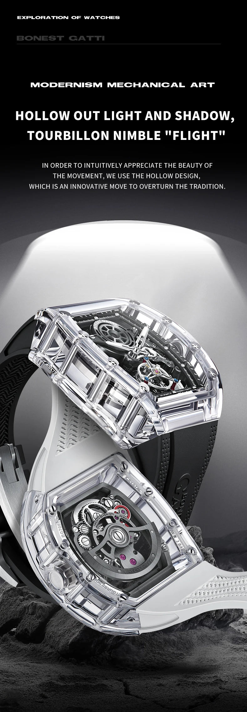 BONEST GATTI Luxury Men Automatic Tourbillon Watch Hollow Out Dial Crystal Case Sapphire Luminous Rubber Strap Wristwatch