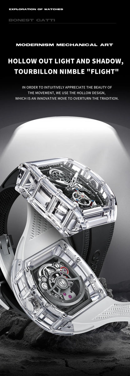 BONEST GATTI Luxury Men Automatic Tourbillon Watch Hollow Out Dial Crystal Case Sapphire Luminous Rubber Strap Wristwatch