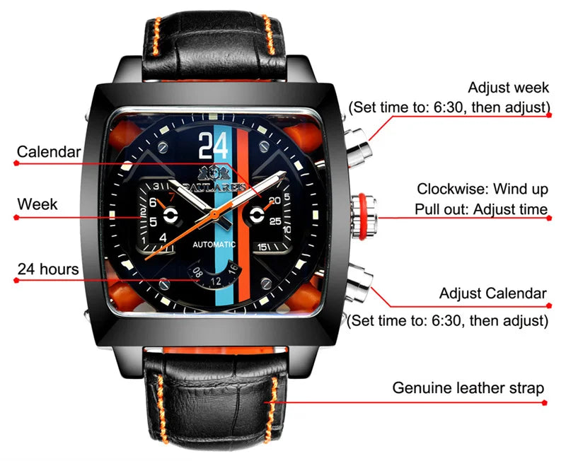 Original Brand Watches For Men Luxury Design Square Mechanical Watch Men Leather Strap Waterproof Date Week Wristwatches Male