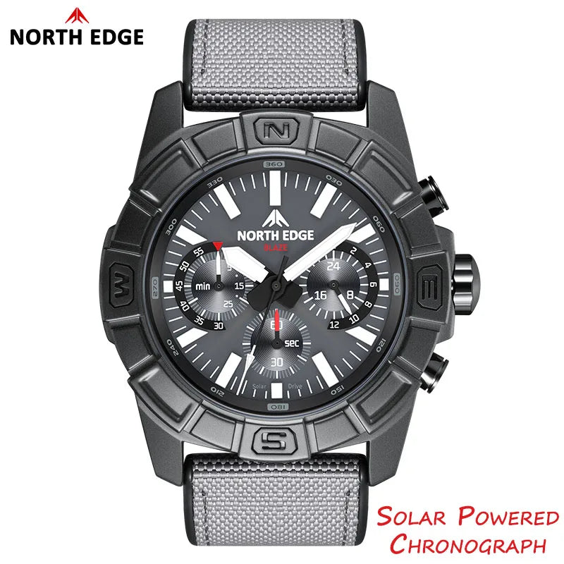 NORTH EDGE 2025 BLAZE Men's Watches Solar Power 316 stainless steel Case Quartz Watch For Men Pilot Waterproof 50M Stopwatch