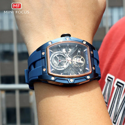 MINI FOCUS Orologio da polso da uomo fashion nero impermeabile, automatico meccanico, con lancette luminose, cinturino in silicone e quadrante tonneau