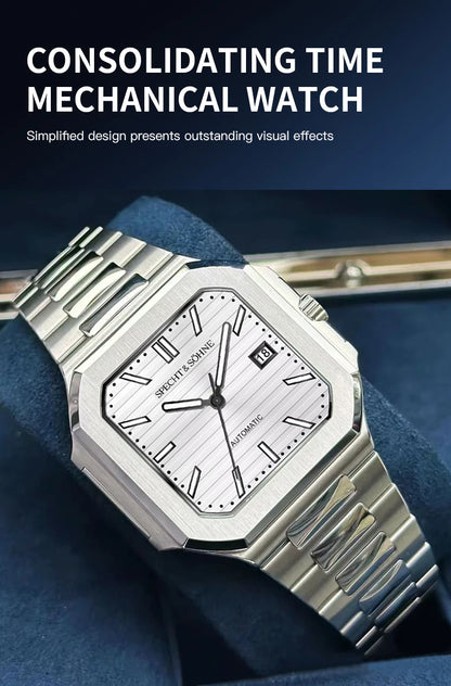 2025 Specht & Söhne Men's Classic Cubic Automatic Mechanical Watch 50M Waterproof Luminous Sapphire Crystal Reloj Hombre 41MM