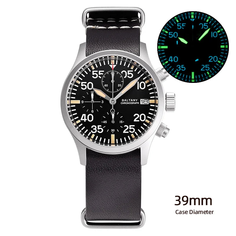 Baltany Quartz Chronograph S5045 Sunburst Blue Dial VK67 100M Stainless Steel Calendar Window Sapphire Vintage Military Watches