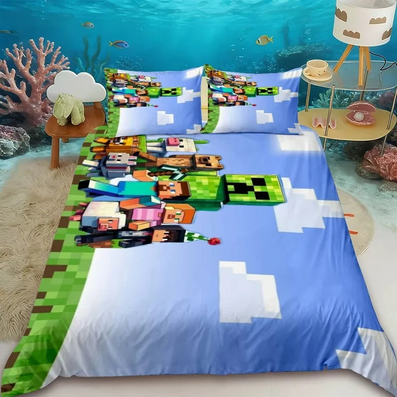 Minecraft 2/3pcs Duvet Cover Cute Cartoon Game Quilt Cover Bedding Set with 1/2 Pillocase Gifts Bedroom Dormitory