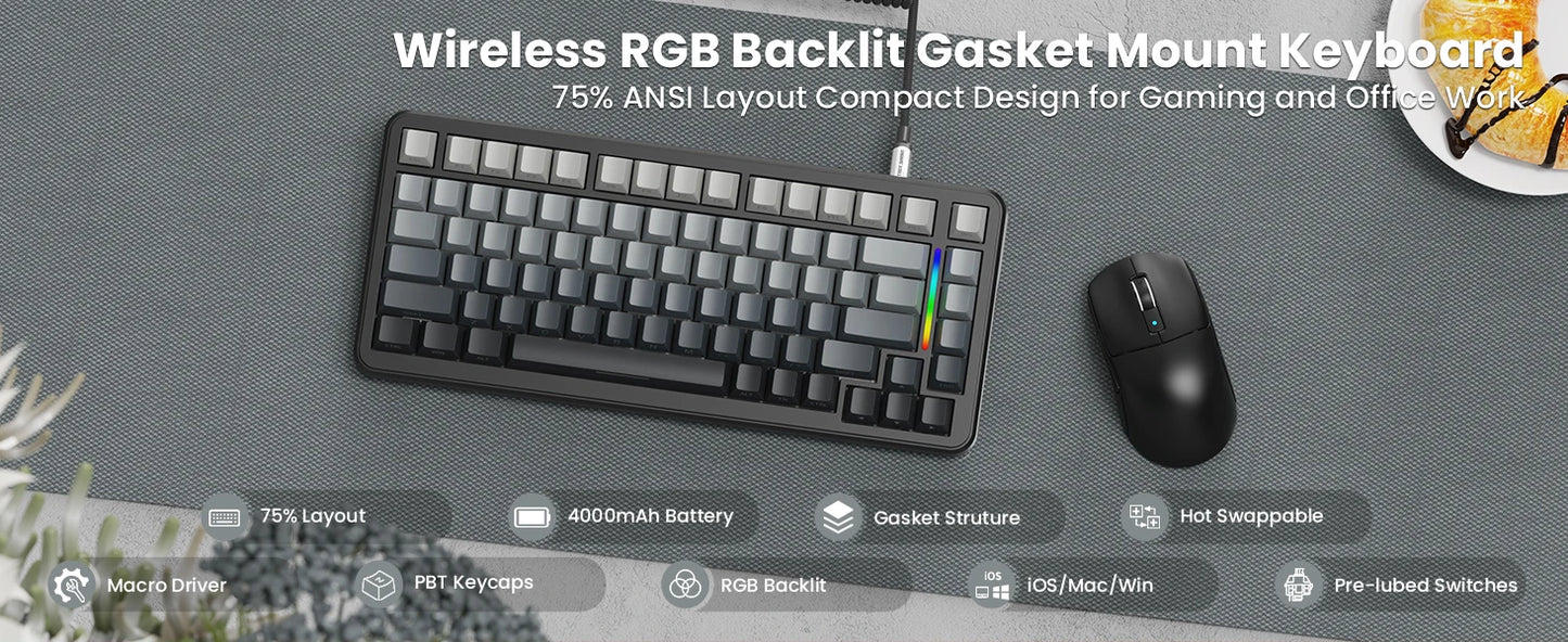 ATTACK SHARK M86 Wireless Mechanical Gaming Keyboard, 75% Gasket Hot Swappable RGB Mechanical Keyboard with Side-Printed PBT Keycaps, Tri-Mode Custom Gaming Keyboard