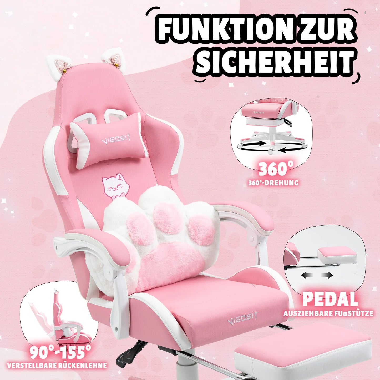 Vigosit Gaming chair Cute Ears and Kawaii Pillow Ergonomic Computer Game chair for girls with Lumbar Support