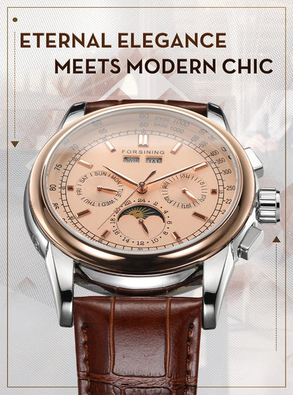 Forsining Retro Mechancial Watches Moon Phase Shanghai Movement Rose Gold Case Brown Leather Strap Luxury Automatic Mens Watch