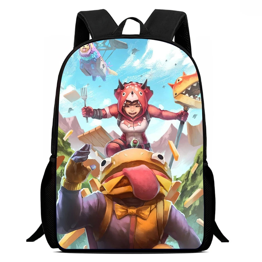 Mochila leve Fortnite Cartoon de 15 polegadas com alças ajustáveis para crianças, saco escolar diário para meninos e meninas dos 5 aos 9 anos