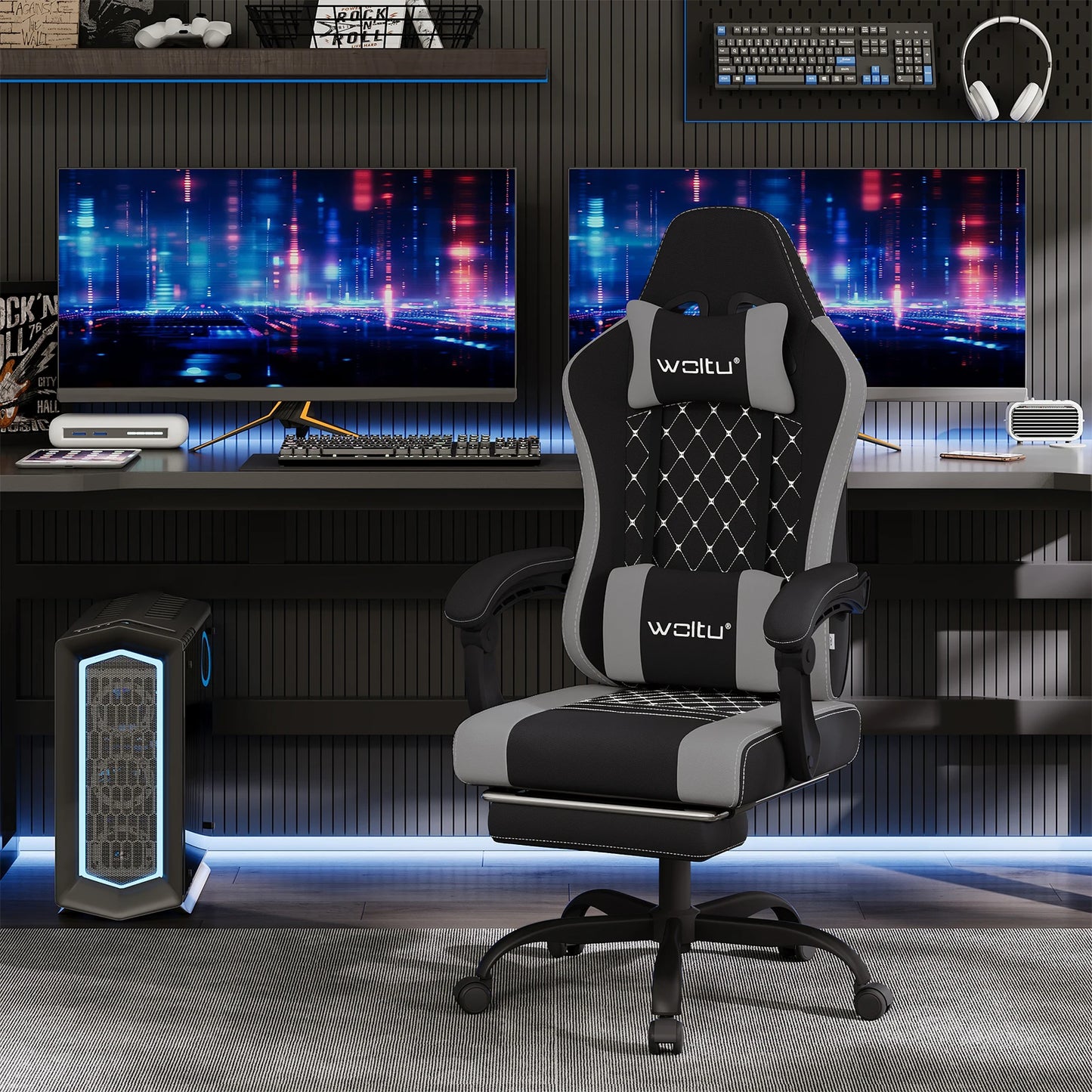 WOLTU Swivel Computer Chair with Massage Function Ergonomic Office Chair with Pillow & Footrest Height Adjustable Gaming Chair