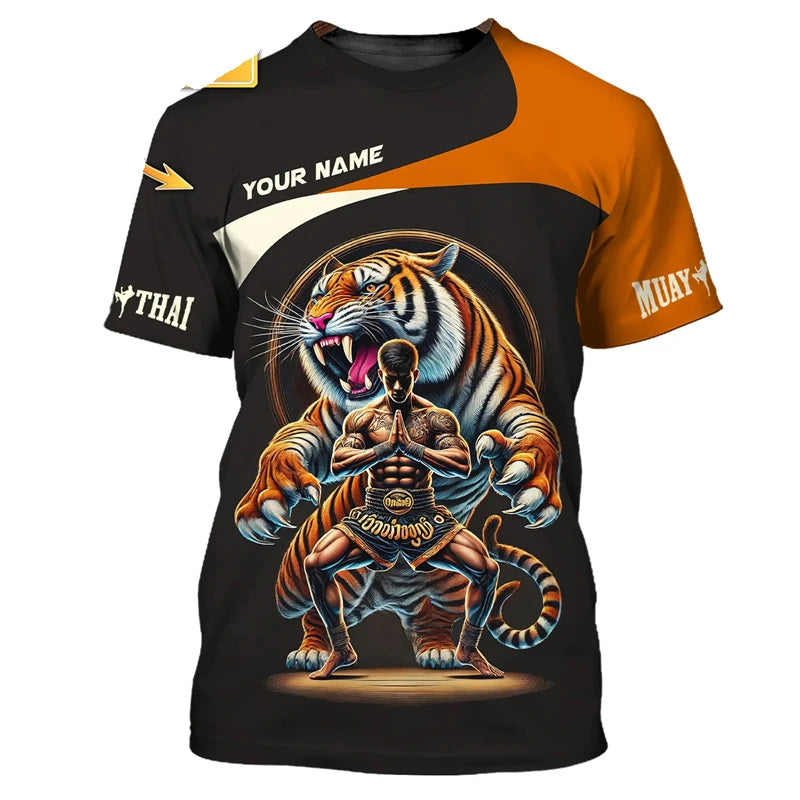Häftig ny T-shirt med Muay Thai-motiv för män, 3D-tryck med tiger- och drakmotiv, personlig T-shirt med eget namn, sommar- och gym-T-shirt