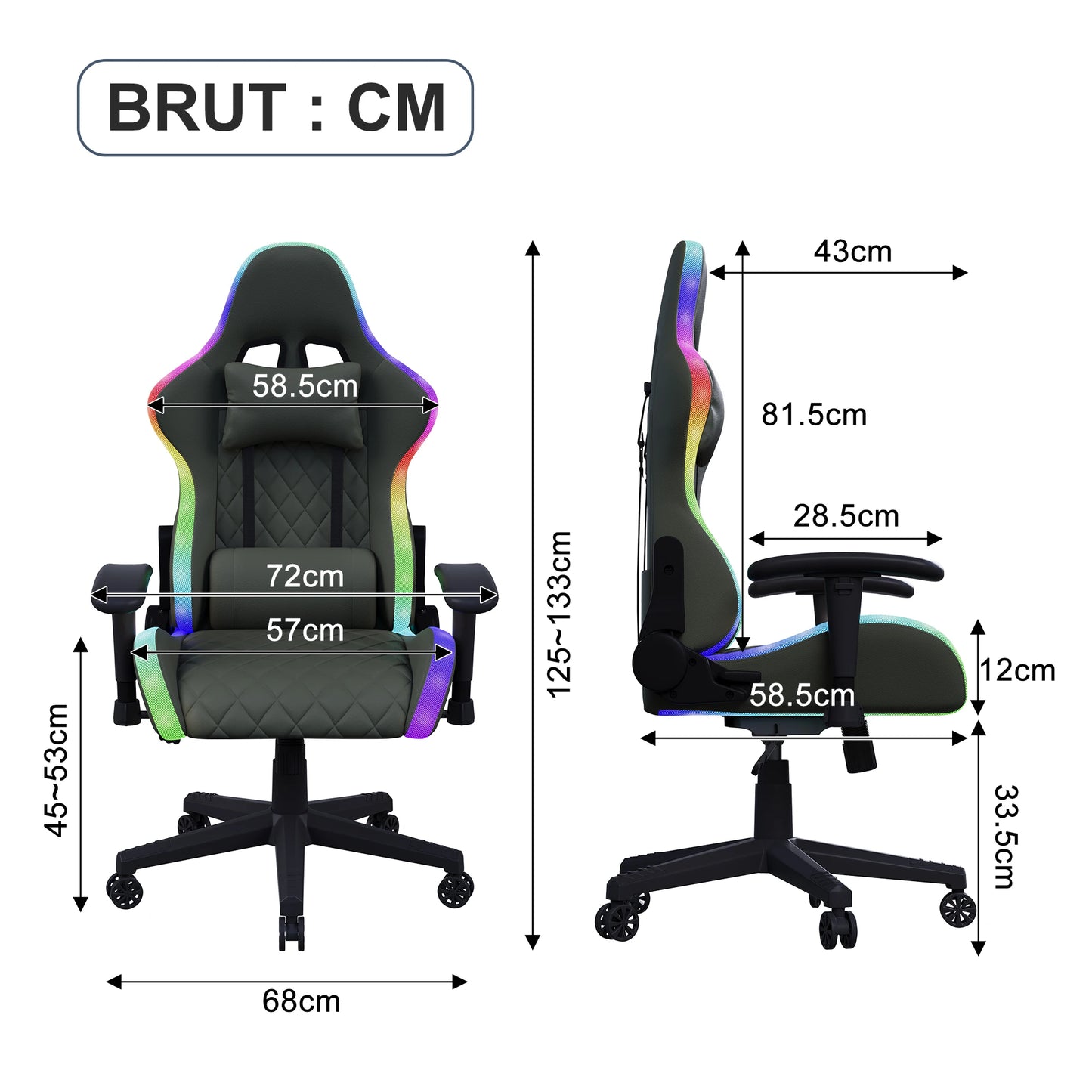 Office Chair, LED gaming chair with ergonomically adjustable backrest, PU leather office chair, lumbar support cushion & pillow