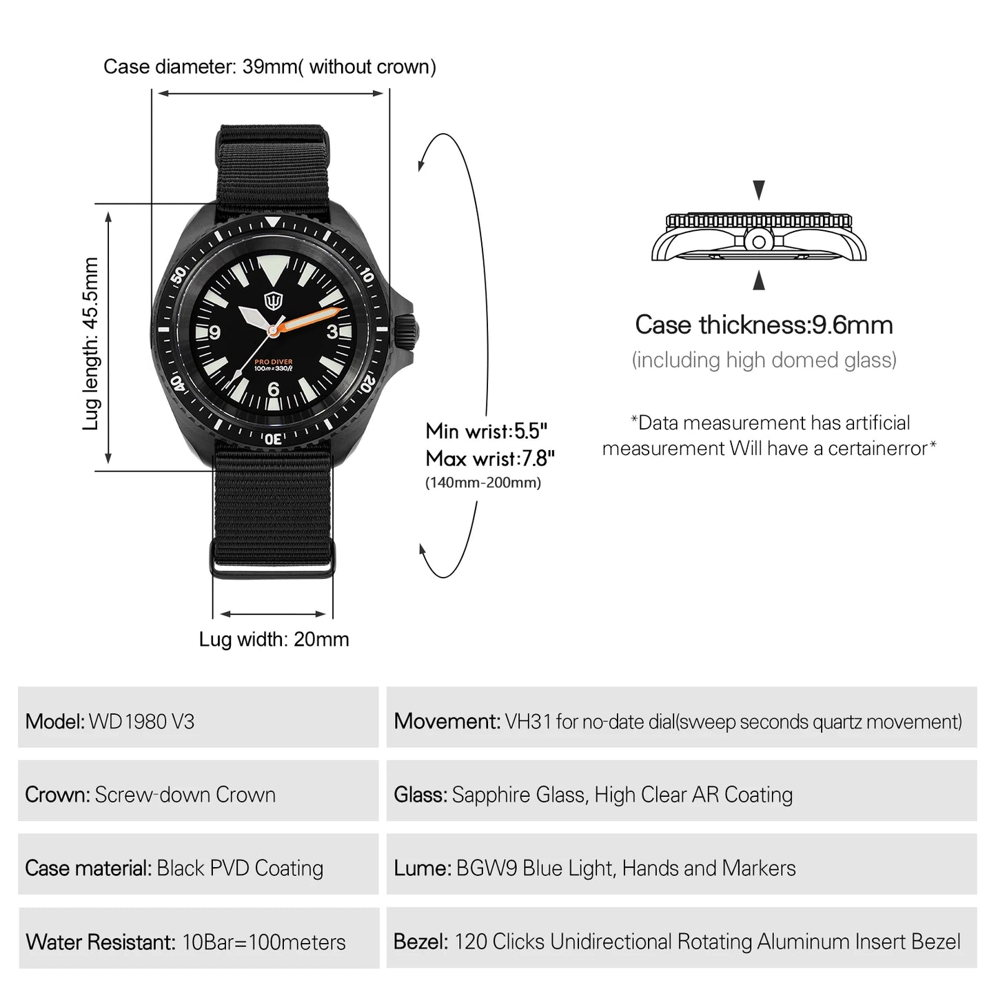 Watchdives WD1980 V3 Luxury Watch VH31 Sweep Seconds Quartz Movement AR Coating Sapphire Glass 10Bar Waterproof Men's Watches