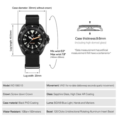 Watchdives WD1980 V3 Luxury Watch VH31 Sweep Seconds Quartz Movement AR Coating Sapphire Glass 10Bar Waterproof Men's Watches