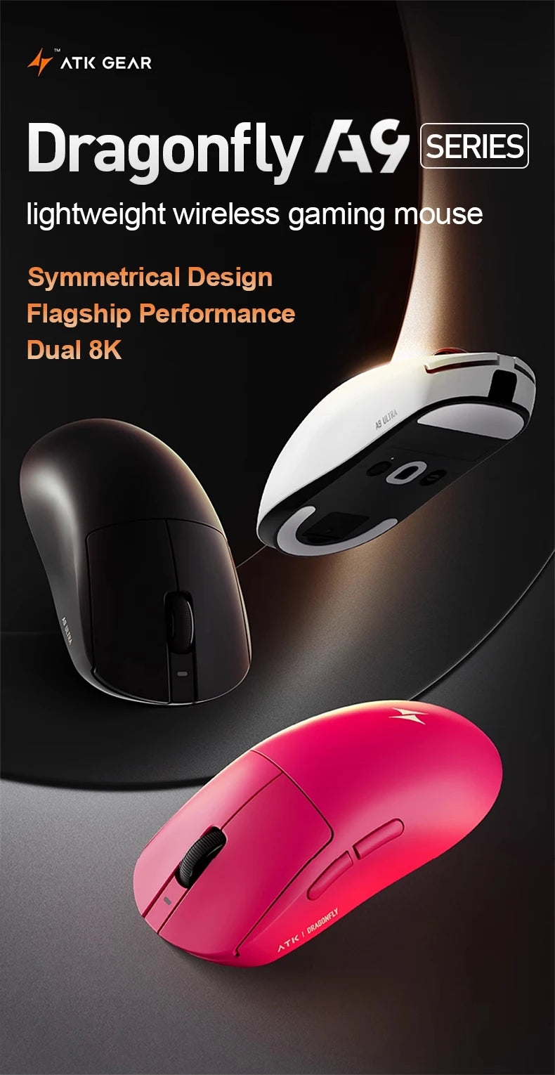 ATK Dragonfly A9 Ultra Wireless Gaming Mouse PAW3950, Tri-Mode 8K Gaming Mouse, Ultra-Lightweight Ergonomic Wireless Gaming Mouse for FPS & Esports