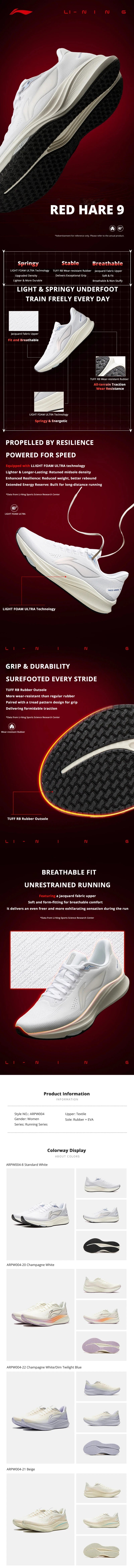 Li-Ning ženski tekaški copati RED HARE 9 Racing LIGHT FOAM ULTRA dihalni, stabilni, protizdrsni LiNing trening copati ARPW004