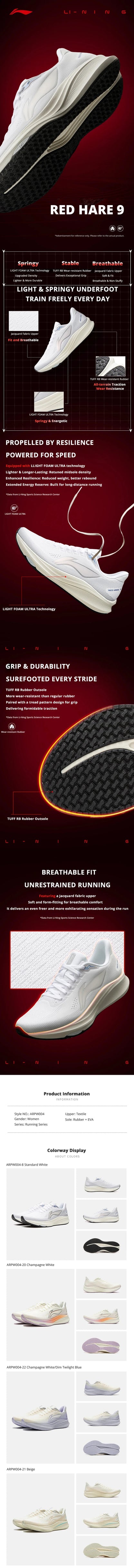 Li-Ning ženski tekaški copati RED HARE 9 Racing LIGHT FOAM ULTRA dihalni, stabilni, protizdrsni LiNing trening copati ARPW004
