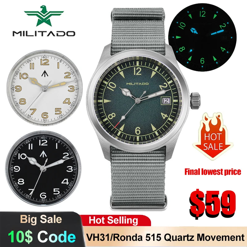 Militado ML08 Quartz Watch VH31/Ronda 515 Quartz Movement Vintage Watch Double Domed Sapphire Crystal BGW9 Luminous Men's Watch