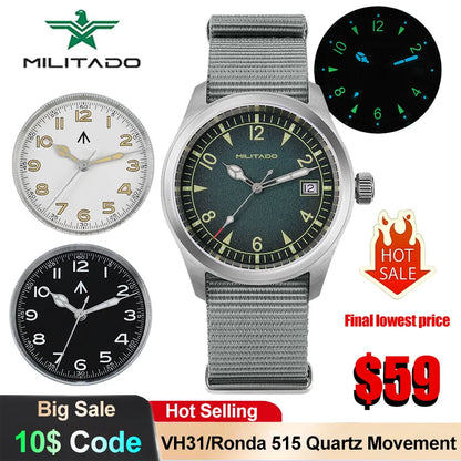 Militado ML08 Quartz Watch VH31/Ronda 515 Quartz Movement Vintage Watch Double Domed Sapphire Crystal BGW9 Luminous Men's Watch