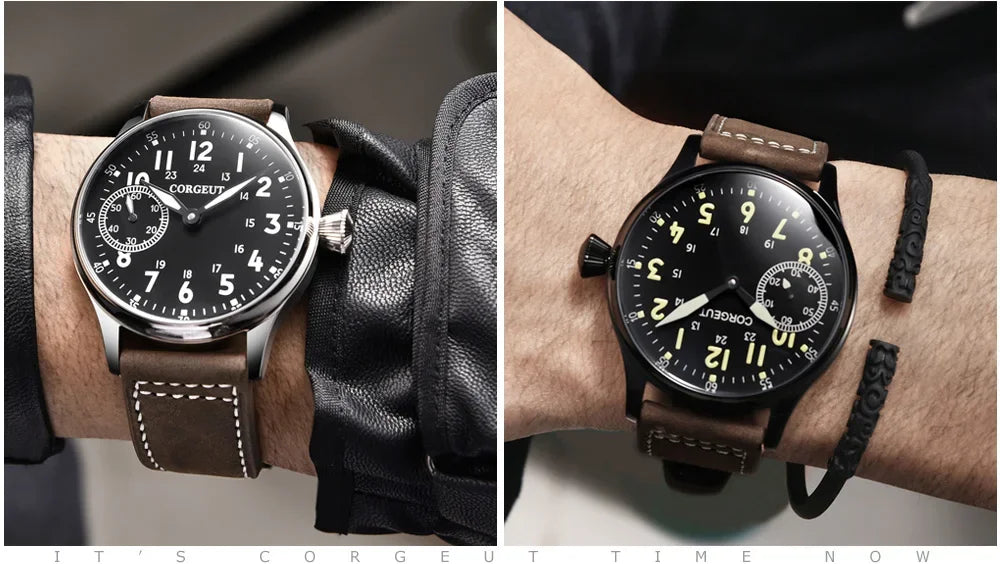 Corgeut 44mm Leather Luminous Mechanical Hand Winding Watch For Men 17 Jewels ST3600 Seagull 6497 Movement Sport Wristwatches