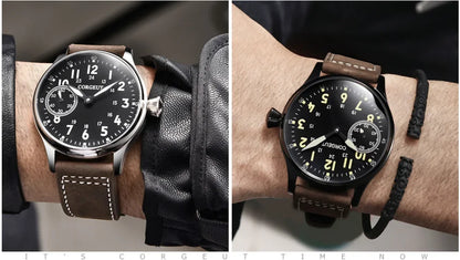 Corgeut 44mm Leather Luminous Mechanical Hand Winding Watch For Men 17 Jewels ST3600 Seagull 6497 Movement Sport Wristwatches