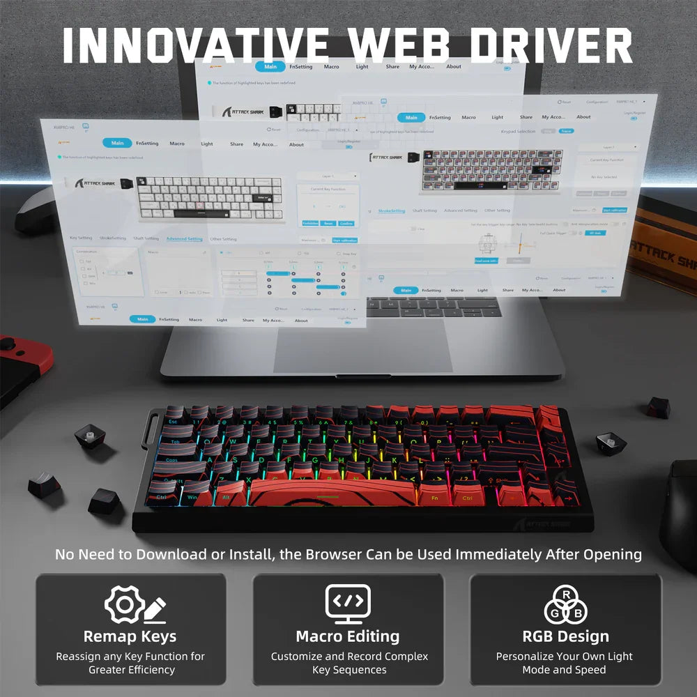 Teclado Gaming ATTACK SHARK X68PRO HE sem fios com Rapid Trigger, atuação ajustável, Hot-Swap, retroiluminação RGB, BT/2.4GHz/com fios