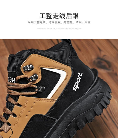Black And Tan Mid Top Hiking Boots Suede And Leather Platform Sneakers Non Slip Outdoor Casual Shoes With Rugged Sole For All