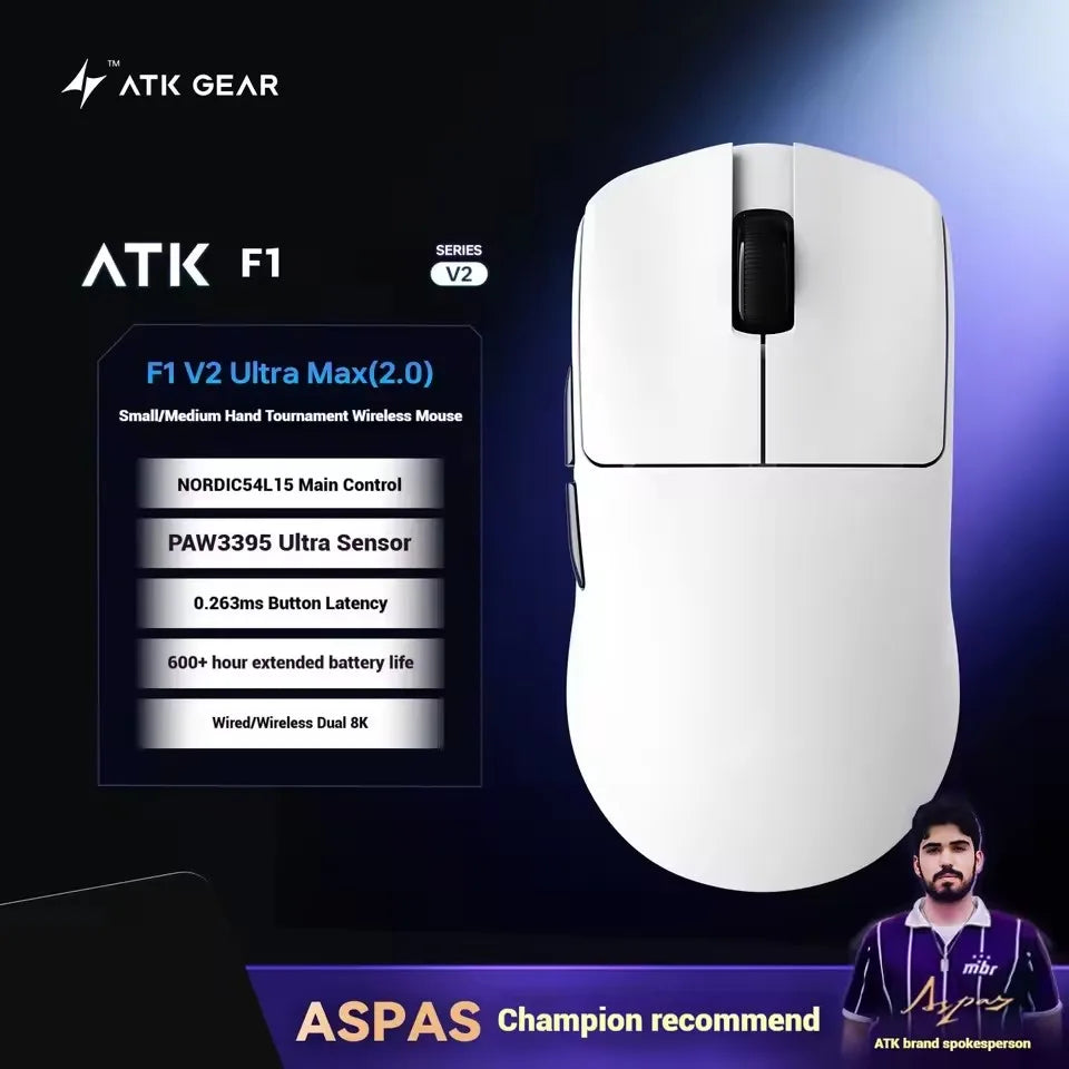 ATK Blazing Sky F1 V2 Ultra Max brezžična igralna miška z dvojnim načinom, lahka, PAW3950Ultra, dvojni 8K, nizka zakasnitev, ergonomska, Extreme