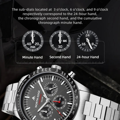 NORTH EDGE 2025 LONGWINGS Men Quartz Watch Solar Powered Stopwatch Waterproof 50M 316 Full Stainless Steel Luminous Pilot Watch