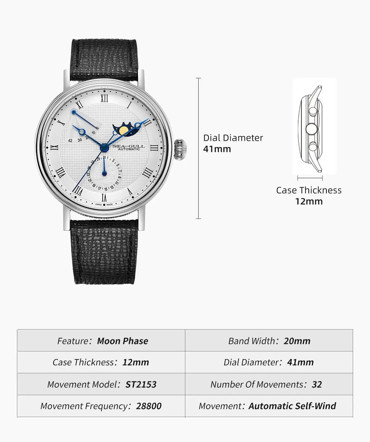 Seagull Men's Business Wristwatch Moon Phase Leather Luxury Automatic Mechanical Men's Watches 50M Waterproof Relogio 6092