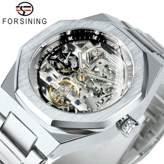 Forsining Tourbillon Skeleton Mechanical Watch for Men Luminous Hands Stainless Steel Strap Fashion Business Automatic Watches
