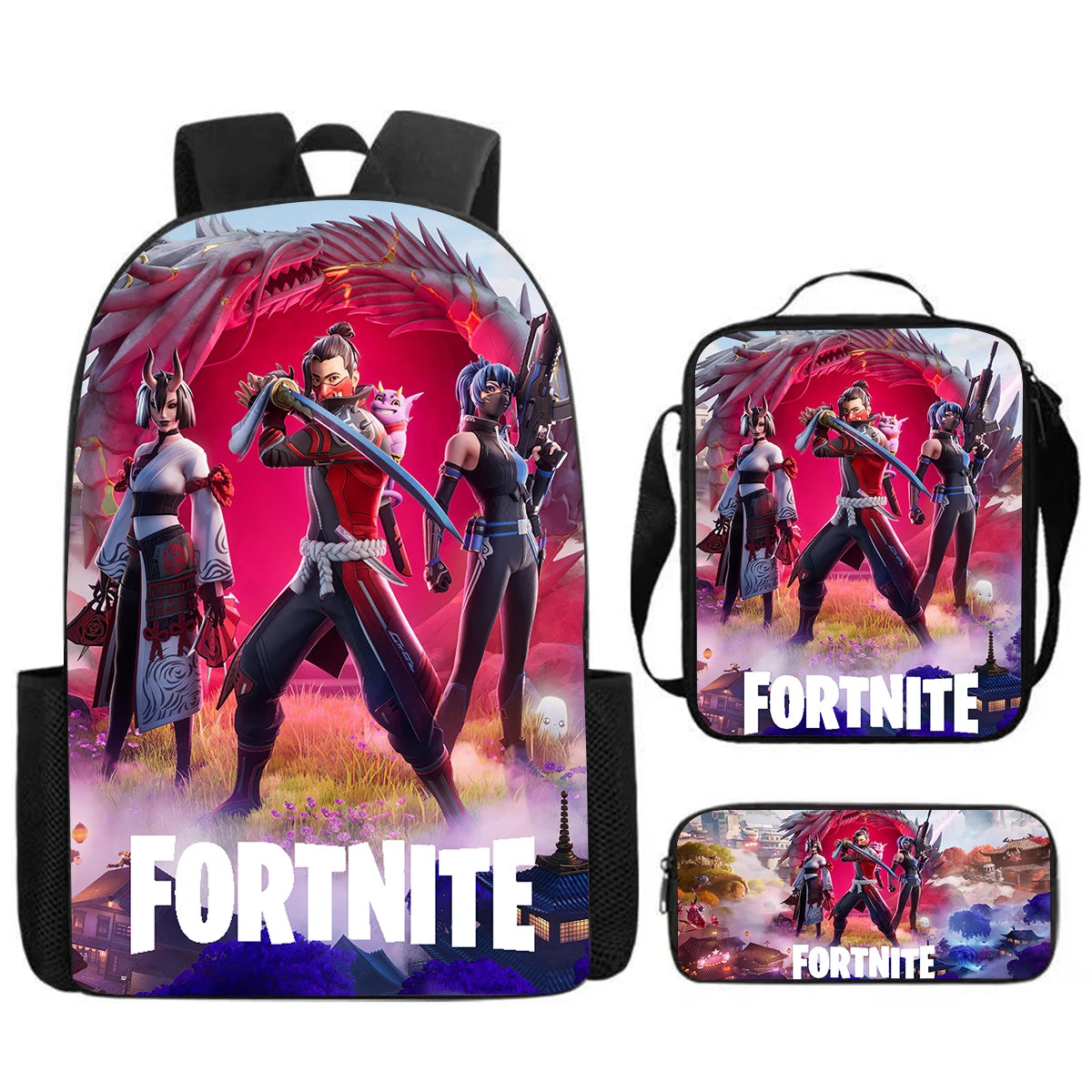 Fortnite Cartoon 3pcs Set, Large Capacity Suitable for Boys and Girls Aged 5-8, Includes Backpack, Dinner Bag, and  Pencil Case