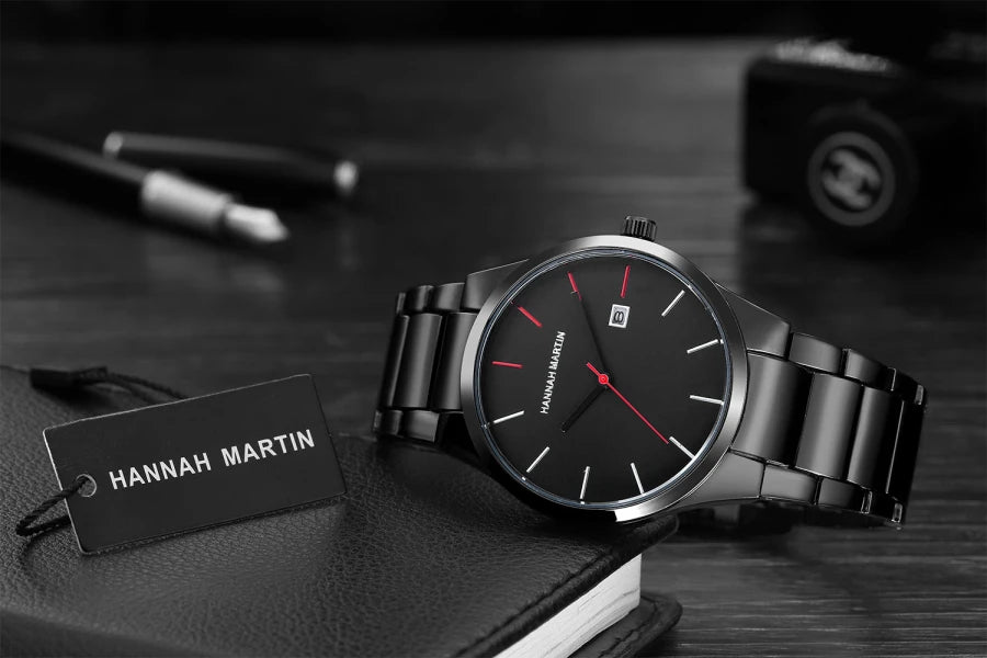 Ceas pentru bărbați Hannah Martin, carcasă din oțel inoxidabil, mecanism cu cuarț, cadran de 41 mm, stil profesional, cu afișaj calendar (imitație)