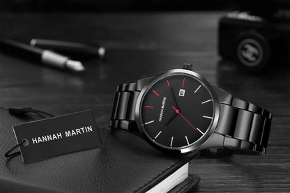 Ceas pentru bărbați Hannah Martin, carcasă din oțel inoxidabil, mecanism cu cuarț, cadran de 41 mm, stil profesional, cu afișaj calendar (imitație)