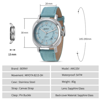 BERNY Mechanical Watch For Women Self-wind Pillow Cushion Sapphire Super Luminous Wristwatch Canvas Calendar Watch For Ladies
