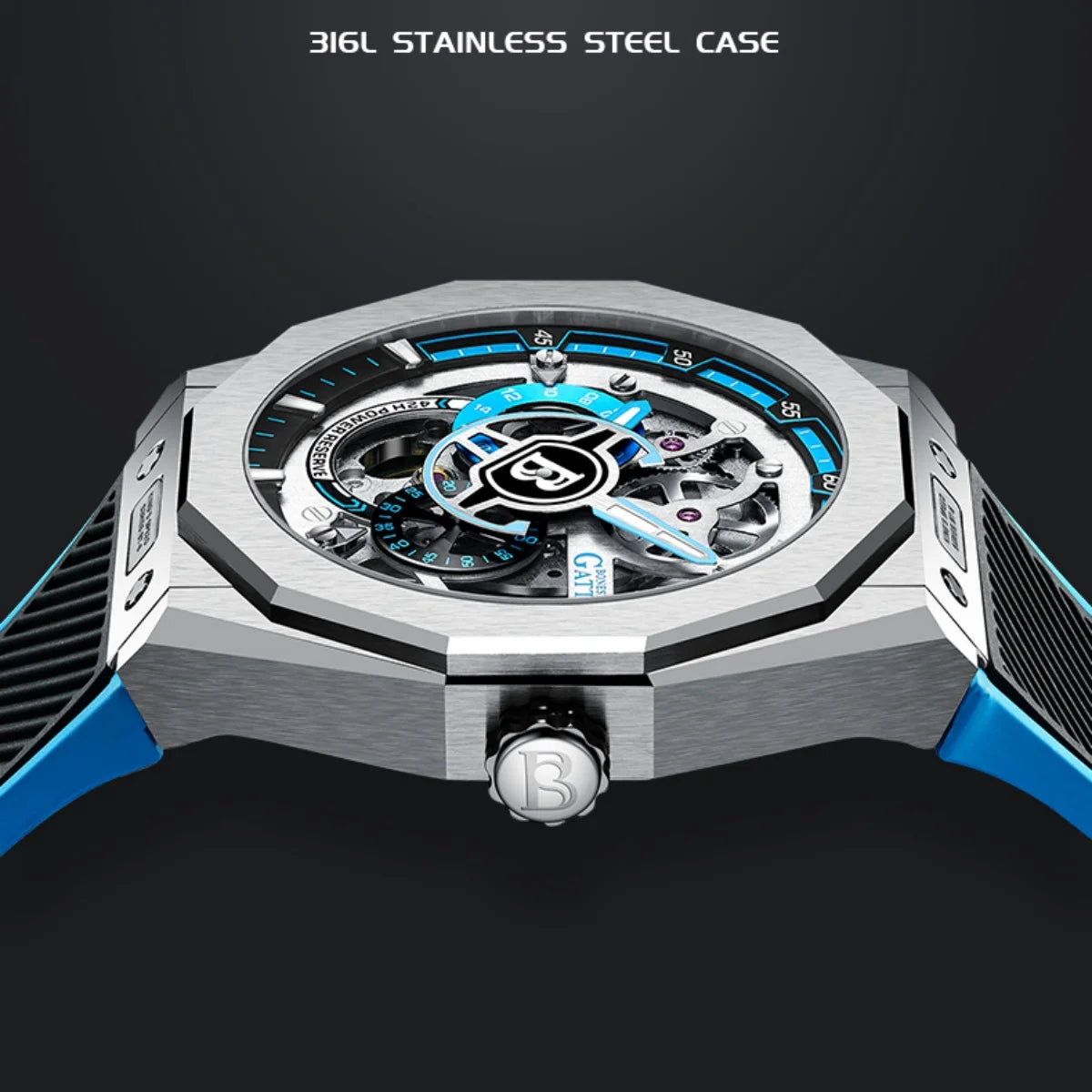 BONEST GATTI BG7601 Men Automatic Mechanical Watch Sapphire Crystal Waterproof Luminous Rubber Strap Wristwatch