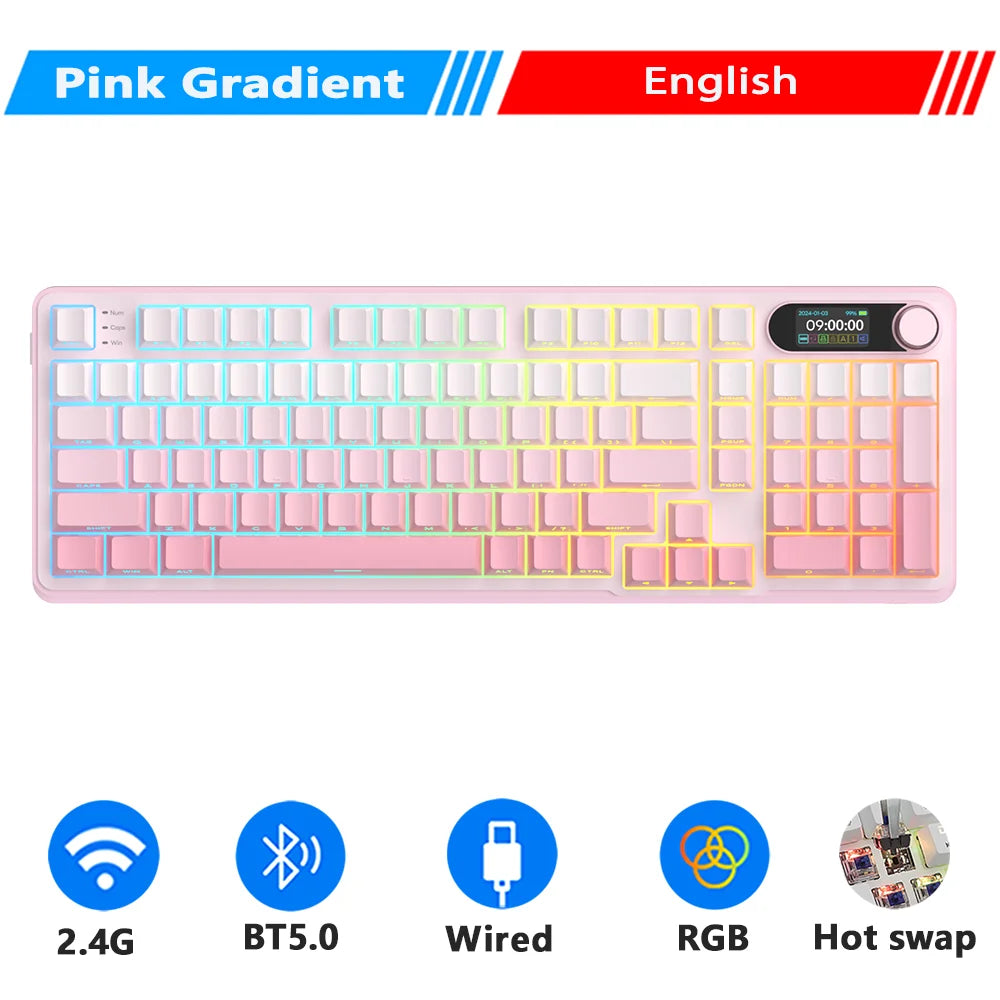 Clavier mécanique RK ROYAL KLUDGE S98 avec écran TFT en surface, 98 touches, RGB, BT 5.0/2,4 GHz/USB-C, clavier gaming sans fil, remplaçable à chaud