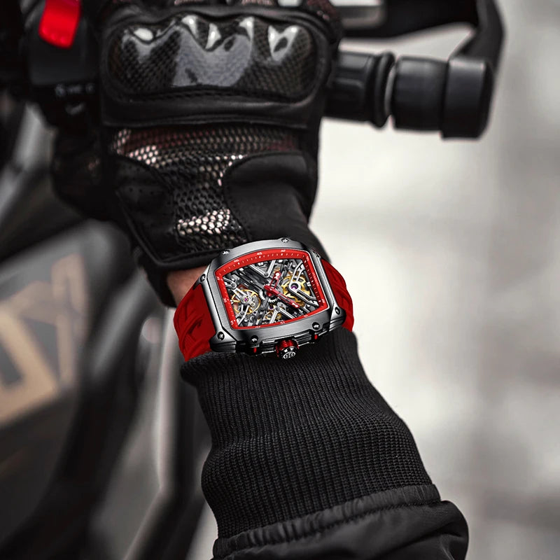STARKING Men's Waterproof Sports Mechanical Watch, Wear-resistant Silicone Strap, Automatic, Luminous Tonneau Luxury Design
