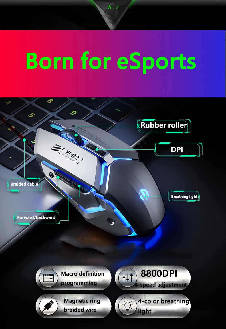 Mouse de gaming cu fir USB Inphic W2 a 2-a generație, clic silențios, stil metalic, 6 taste, programare macro, 8800DPI