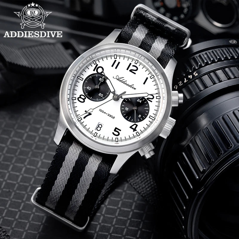 ADDIESDIVE 2025 New Panda Eye Men's Watches Retro Luxury VK64 Quartz Watch For Men Sport Chronograph 100M Waterproof Luminous