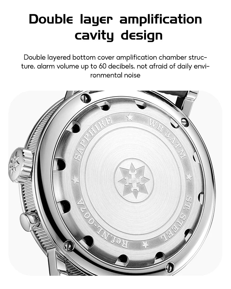 FARASUTE Retro Luxury Alarm Clock Quartz Watch Men Waterproof Night Light Wristwatch Casual Sapphire Stainless Steel Male Reloj