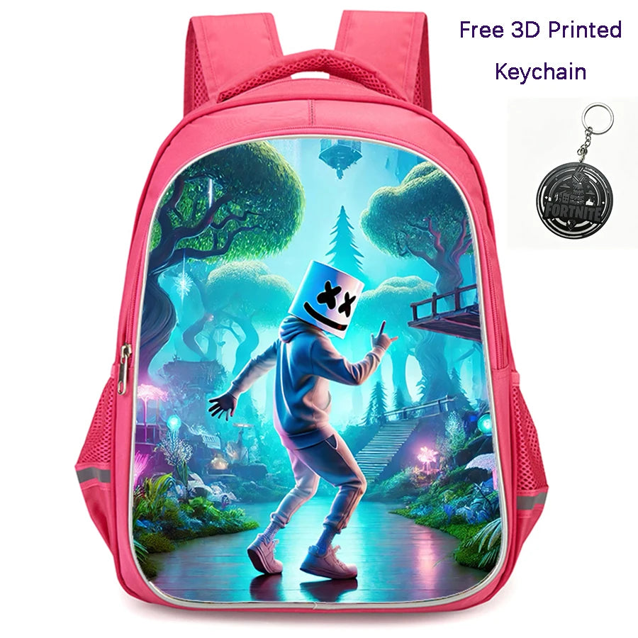 FORTNITE 16-inch Durable Lightweight Backpack, Dual Zipper Pockets, Cartoon Style for Boys & Girls 6-10,Free 3D Printed Keychain
