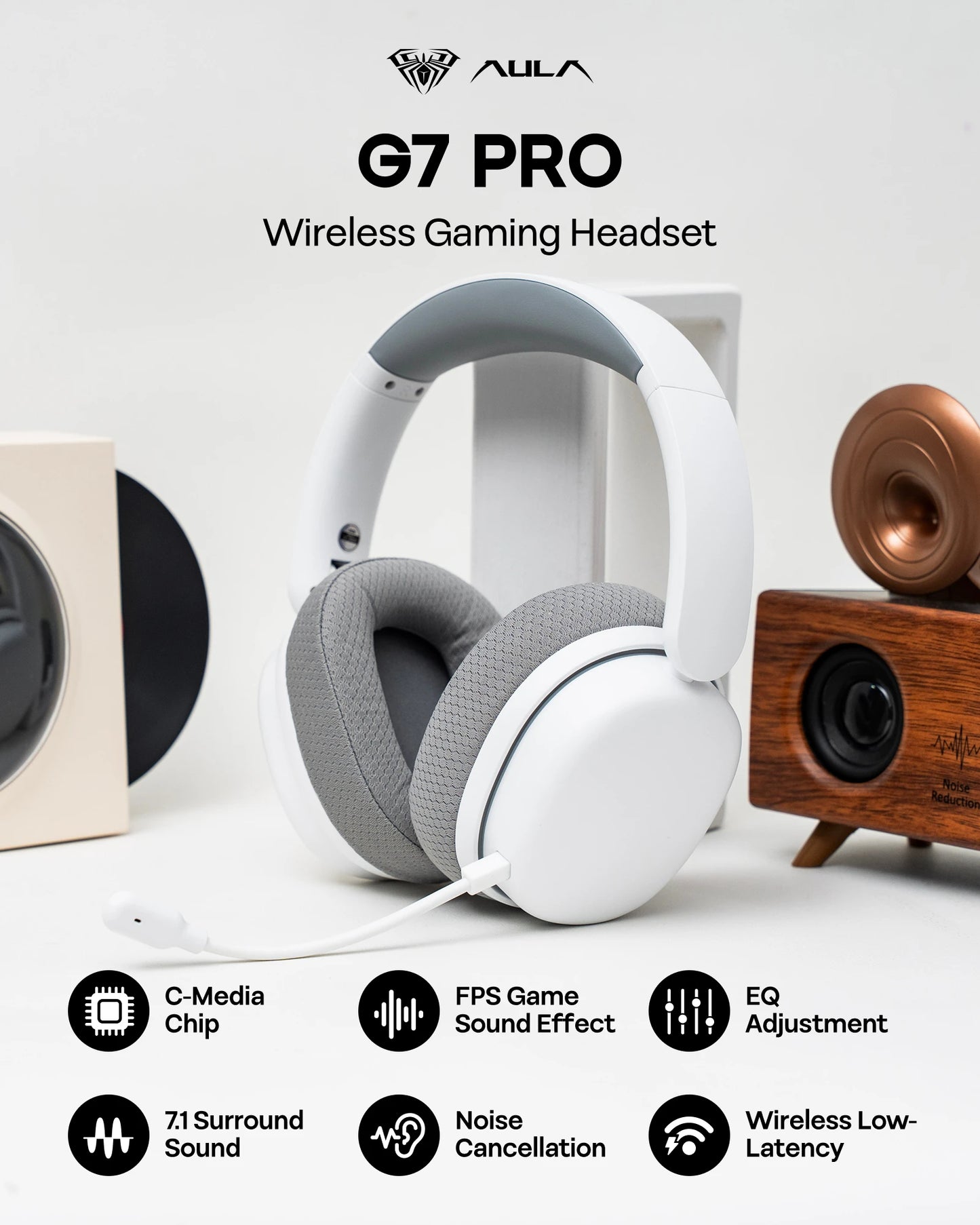 Cuffie da gaming AULA G7 Pro 7.1 Surround Sound wireless Bluetooth 5.3 con microfono a cancellazione del rumore per PS5/PS4/PC/Switch